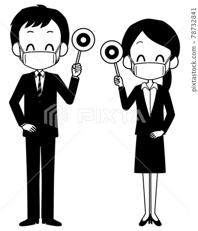 Men and women in suits wearing masks with correct tags 78732841