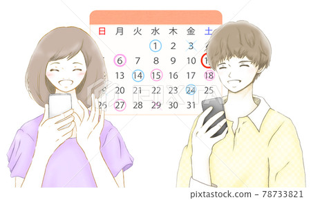 Young men and women with smiles sharing schedules with the smartphone calendar app 78733821