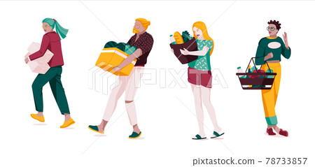Shopping - flat design style set of isolated characters on white background. Cartoon women and men standing and walking with their packages, baskets and bags full of products 78733857