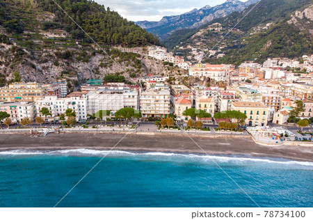 Aerial drome sunset view of resort village Minori Amalfi coast Italy Aerial drome sunset view of resort village Minori Amalfi coast Italy 78734100