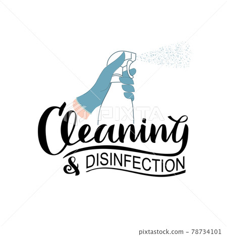 A gloved hand sprays disinfectant 78734101