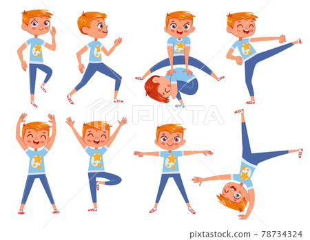 Cut little boy doing physical exercises. Funny cartoon character Cut little boy doing physical exercises. Funny cartoon character 78734324