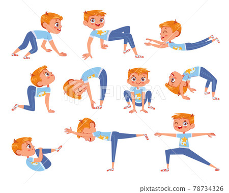 Cut little boy doing physical exercises. Funny cartoon character Cut little boy doing physical exercises. Funny cartoon character 78734326