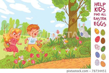 Egg hunt. Help the children find 10 hidden Easter eggs in the meadow 78734451