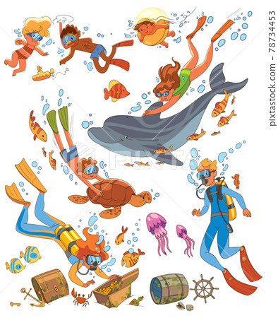 Diving and snorkeling. Underwater life. Set Diving and snorkeling. Underwater life. Set 78734453