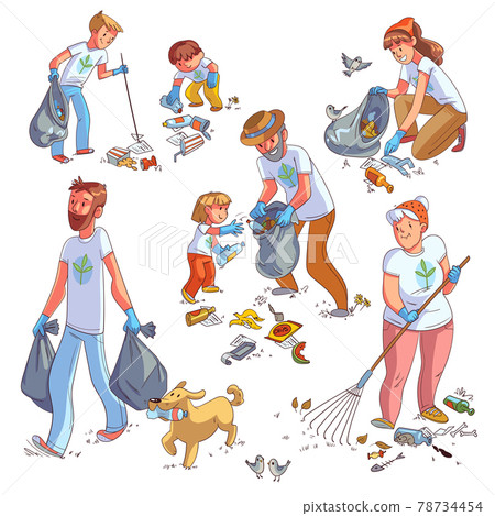 Family collects garbage on nature. Funny cartoon character 78734454