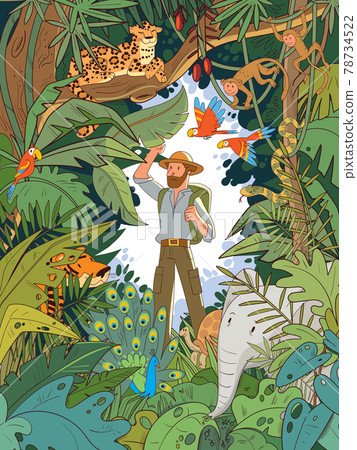 An explorer in the Indian jungle stands among the hidden animals 78734522