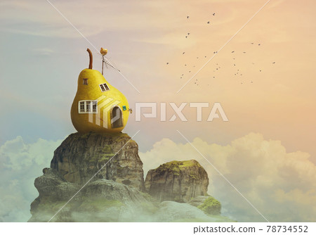 Fantasy world, pear house on the top of the mountain, in clouds; 78734552