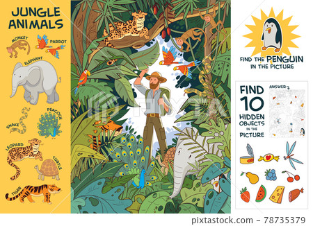 Explorer in Indian jungle. Find 10 hidden objects in picture Explorer in Indian jungle. Find 10 hidden objects in picture 78735379