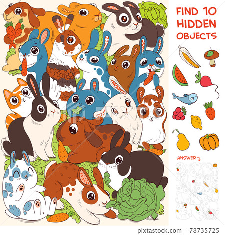 Group of rabbits. Find Cat. Find 10 hidden objects Group of rabbits. Find Cat. Find 10 hidden objects 78735725