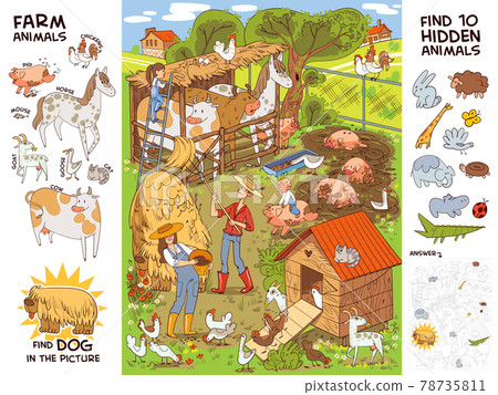 Farm life and farm animals. Find 10 hidden objects 78735811