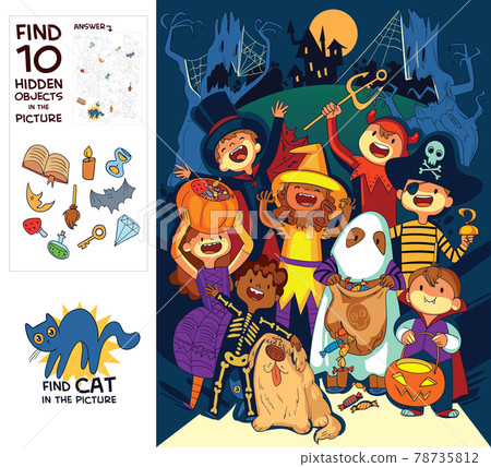 Children in halloween costumes. Find 10 hidden objects in the picture 78735812