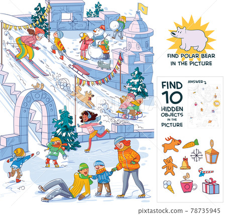 Winter fun. Find 10 hidden objects in the picture Winter fun. Find 10 hidden objects in the picture 78735945