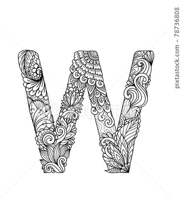 Mandala letter W monogram, adult coloring book, engraving design. Vector illustration. Mandala letter W monogram, adult coloring book, engraving design. Vector illustration. 78736808