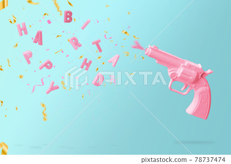 Pink gun shooting birthday candles and colorful confetti, against blue background. Happy birthday concept with copy space Pink gun shooting birthday candles and colorful confetti, against blue background. Happy birthday concept with copy space 78737474