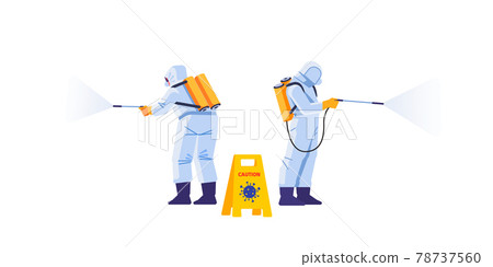 Disinfection by cleaning service. Prevention controlling epidemic of coronavirus covid-2019. Worker in chemical protection disinfects the house. Cartoon style vector illustration design 78737560