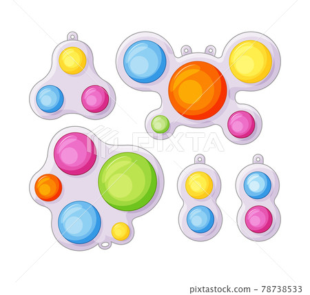 Simple dimple anti-stress toys with fidget sensory set in cartoon style. Colorful silicone bubbles. Fashionable keychains of various shapes. Anti-stress. Vector illustration on a white background. 78738533