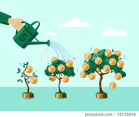Hand with a watering can watering the money tree. The concept of financial growth. Deposit. Vector illustration. Objects are isolated. 78738859