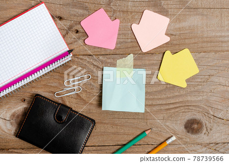 Pinned Variety of Empty Color Paper Sticker Notes Mock Up Used for Content. Paper Notebook Accessories And School Supplies With Mobile Phone Arranged On Different Flat Lay Backgrounds 78739566