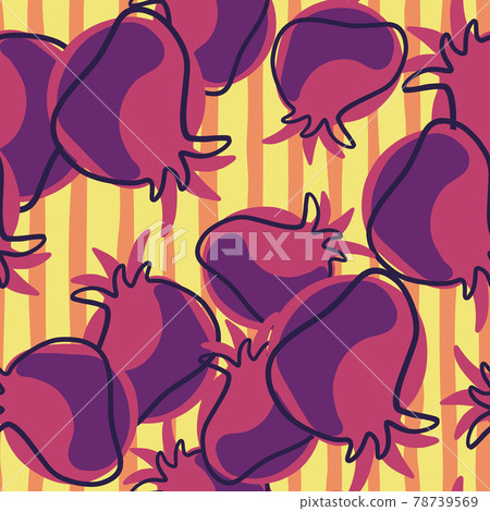 Doodle seamless food pattern with random purple and pink colored pomegranate shapes. Striped background. Doodle seamless food pattern with random purple and pink colored pomegranate shapes. Striped background. 78739569