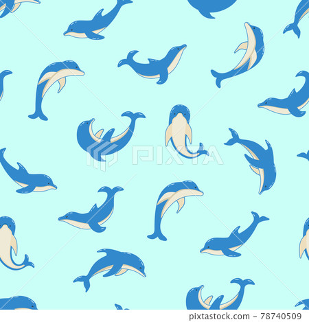 Seamless Pattern Set of cartoon dolphins in different poses, vector illustration of marine animals. Painted dolphins swim. Seamless Pattern Set of cartoon dolphins in different poses, vector illustration of marine animals. Painted dolphins swim. 78740509