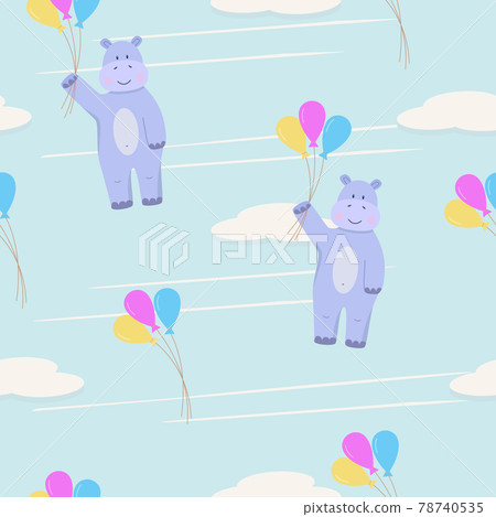 Seamless pattern of a hippopotamus with balloons flying through the sky with clouds. Vector illustration of the cartoon character hippo, used for wallpaper, textiles and printing. Seamless pattern of a hippopotamus with balloons flying through the sky with clouds. Vector illustration of the cartoon character hippo, used for wallpaper, textiles and printing. 78740535