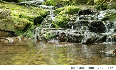 Water flowing down a rocky rock surface with rugged moss Water flowing down a rocky rock surface with rugged moss 78740536