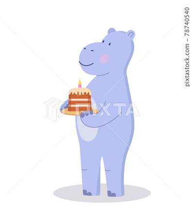 Cute cartoon hippo character with a cake in his hands. Vector illustration isolated on white. Concept birthday party, a holiday for children. Cute cartoon hippo character with a cake in his hands. Vector illustration isolated on white. Concept birthday party, a holiday for children. 78740540