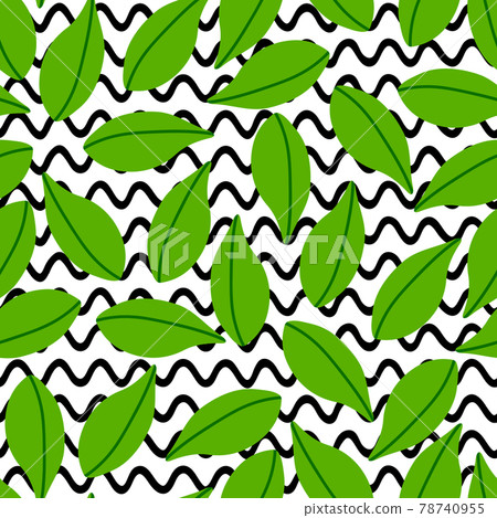 Leaf pattern seamless in bright colors. Repeat vector wavy background with leaves. Greenery drawing 78740955