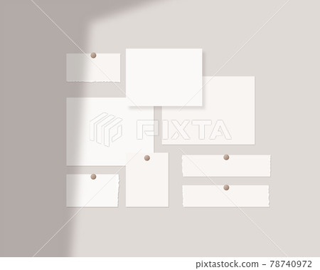 Mood board mockup template. Empty sheets of white paper on the wall with shadow overlay. Mockup vector isolated. Template design. Realistic vector illustration. 78740972