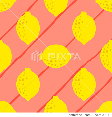 Lemon yellow pink pattern seamless in bright colors. Repeat diagonal stripes background with fruit 78740995