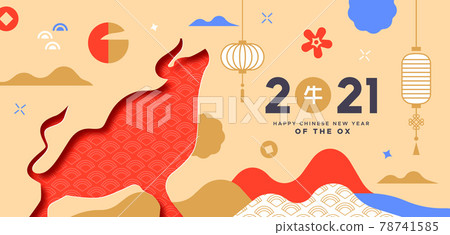 Chinese New Year ox 2021 abstract paper cut card 78741585