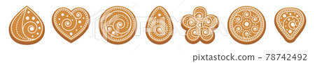 Ginger bread cookies. Set of biscuits with white icing. Figured geometric shapes, heart, flower, circle, drop, ornate with spiral pattern. Christmas traditional sweets isolated. Vector illustration 78742492