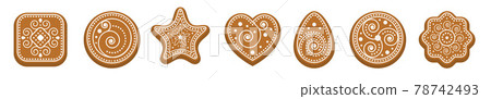 Ginger bread cookies with white sugar icing. Set of biscuits, various geometric shapes ornate with abstract pattern. Square, heart, circle, star. Christmas homemade sweets. Vector illustration 78742493