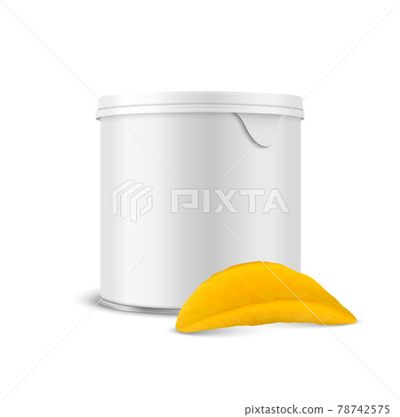 Vector 3d Realistic Blank White Metal Tin Can, Canned Food, Potato Chips Packaging with Lid and Realistic Textured Chips Isolated On White. Small Size. Design Template, Mockup. Front View 78742575