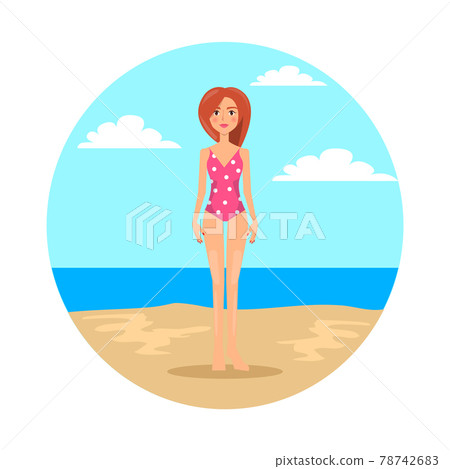 Girl in Swimsuit with Polka Dot Pattern on Beach Girl in Swimsuit with Polka Dot Pattern on Beach 78742683