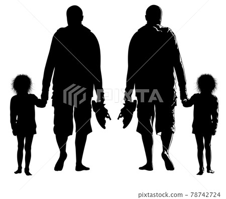 Contour black image of a man walking by the hand with a child Contour black image of a man walking by the hand with a child 78742724