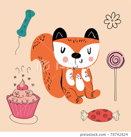 Vector illustration of an animal of different types among holiday items on an orange background 78742824