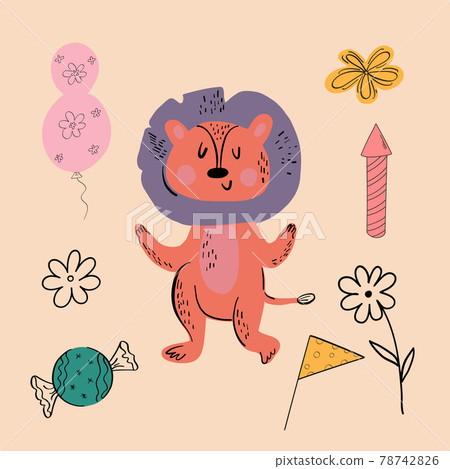 Vector illustration of an animal of different types among holiday items on an orange background Vector illustration of an animal of different types among holiday items on an orange background 78742826