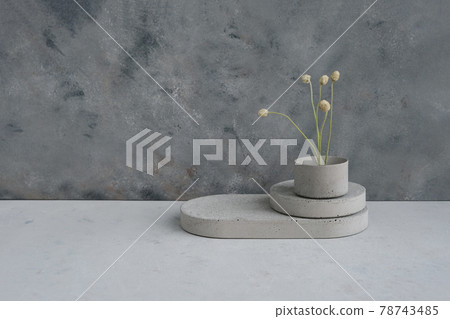 Empty pedestal or product display concrete podium with dry minimalistic flowers and nature leaves on green background. Copy space. 78743485