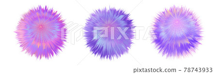Fur colorful pompoms. Fluffy  ball  with furry texture. Rainbow holographic colors, pink and purple. Set off isolated objects on white background. Vector illustration. 78743933