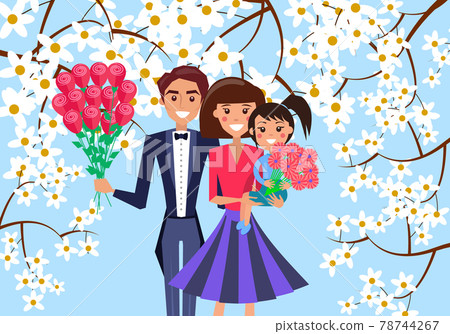 Father, Mother and Child Holds Bouquet of Flowers Father, Mother and Child Holds Bouquet of Flowers 78744267