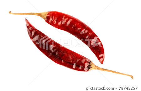 Two pods of hot red chili pepper isolated on white background. Two pods of hot red chili pepper isolated on white background. 78745257