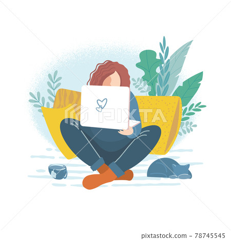 The girl with the laptop sat comfortably on the sofa The girl with the laptop sat comfortably on the sofa 78745545