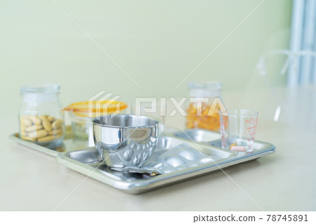 A set of medicine, pills or drugs, doctor instrument tray in hospital, medical and healthcare treatment 78745891