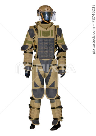 Mannequin with with a military protective camouflage suit and ammunition for mine action. 78746235