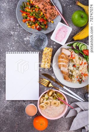 Breakfast, lunch and dinner. Balanced menu 78747074