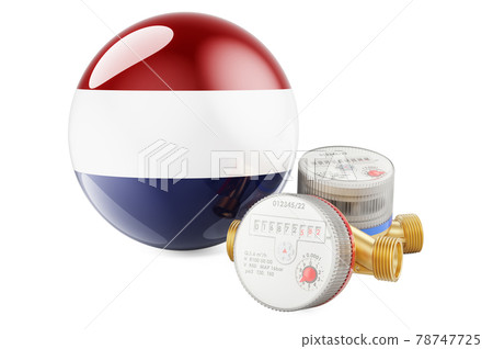 Water consumption in the Netherlands. Water meters with The Netherlands flag. 3D rendering 78747725