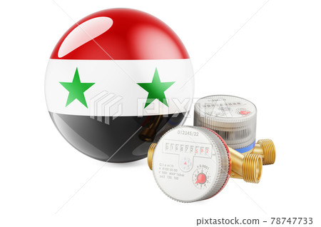 Water consumption in Syria. Water meters with Syrian flag. 3D rendering Water consumption in Syria. Water meters with Syrian flag. 3D rendering 78747733