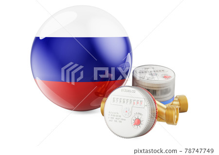 Water consumption in Russia. Water meters with Russian flag. 3D rendering 78747749